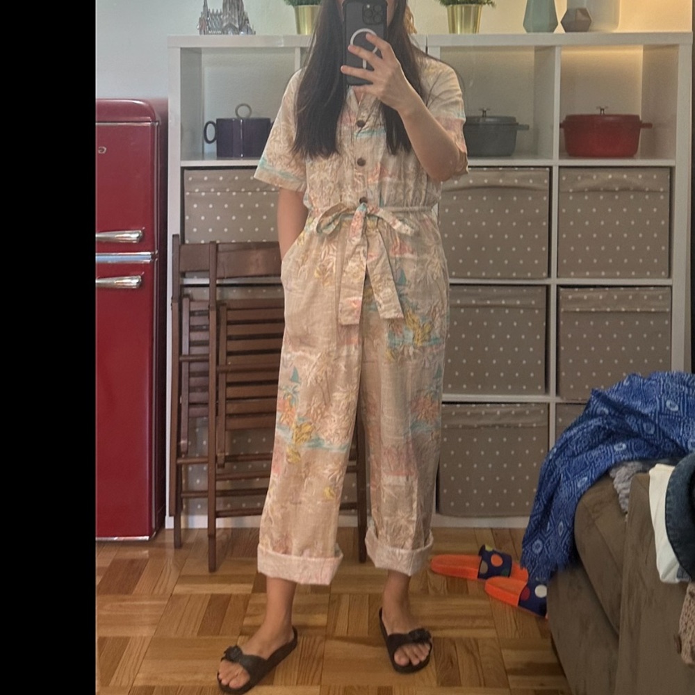 Jumpsuit GAP Cream Tropical print Button-Front jumpsuit with Tie Waist